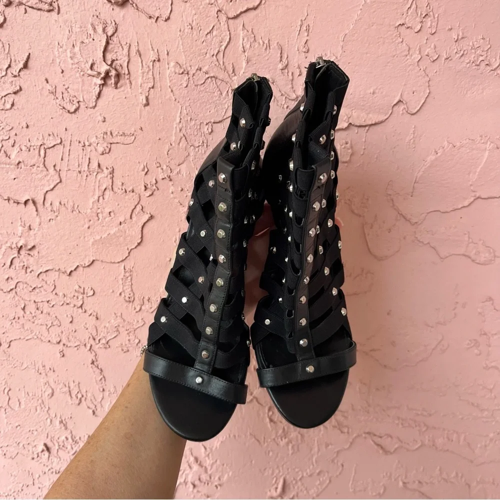 Michael Kors Leather Caged Studs Open Toe Booties Black Womens 7.5